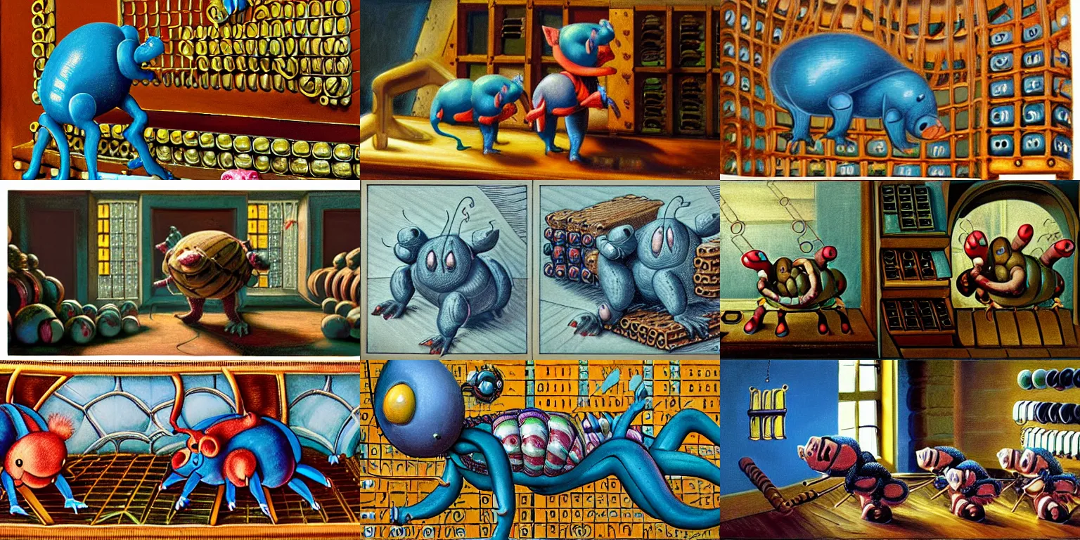 Prompt: portly spider - piglet creatures using an abacus in a biomechanical space station interior, bucolic, rococo, baroque, american realist, sublime, comforting, warm light, burnt sienna, cerulean blue, figurative painting, grisaille