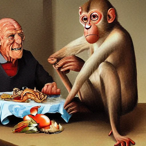 Prompt: digital art painting of a dissected monkey being eaten for dinner by an elderly man