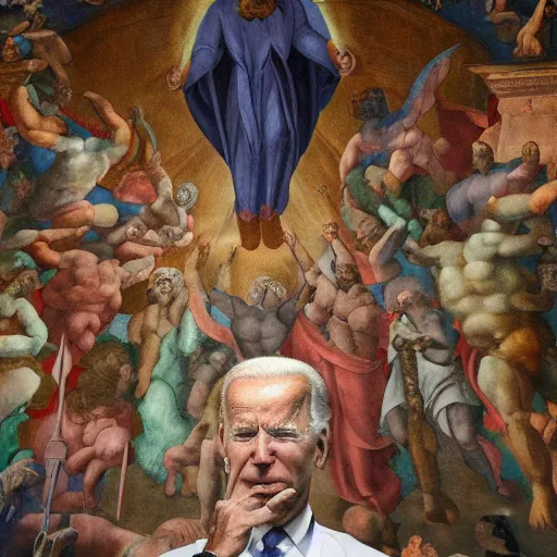 Image similar to a church mural depicting joe biden as a god, 4 k, highly detailed, painted by michelangelo