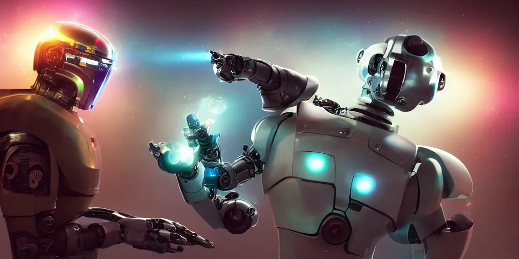 Prompt: futuristic robot babies with rgb ambient lighting eye implants. the robots wears spacesuits, and explores the cosmos on rocket space jet skis. science fiction blockbuster movie teen nebulous or my robot ate my homework, dramatic lighting, style of mandalorian, rougue one, shrek