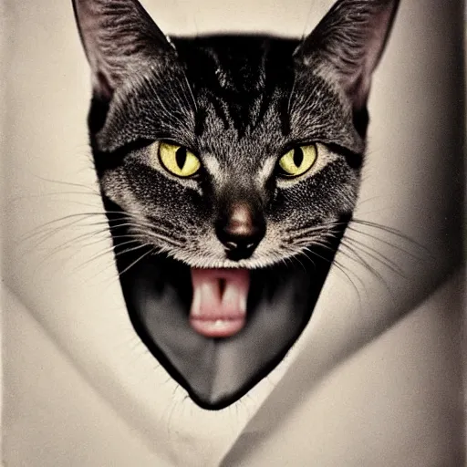 Image similar to vampire tabby cat “ irving penn ” portrait