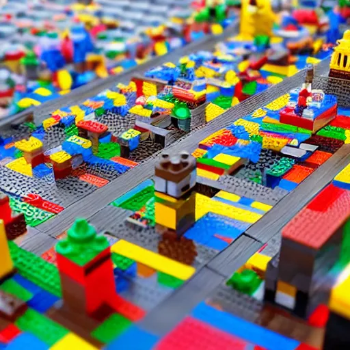 Image similar to mini lego in the city, photorealistic, highly detailed, sharp focus, vivid, symmetrical, random, convoluted, mind - blowing, creative, fully functional, physics defying, amazing, cool, atmospheric