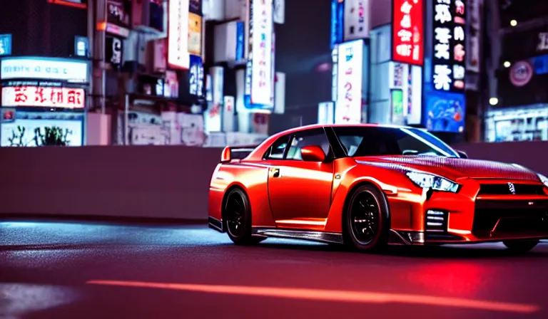 Image similar to wideshot of a nissan skyline gtr driving in tokyo at night, highly detailed, 4k photo, shot with sony alpha