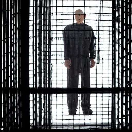 Prompt: a portrait of very very very old justin sun in futuristic prison looking through the bars of his cell, by annie leibovitz, shallow depth of field, cinematic lighting