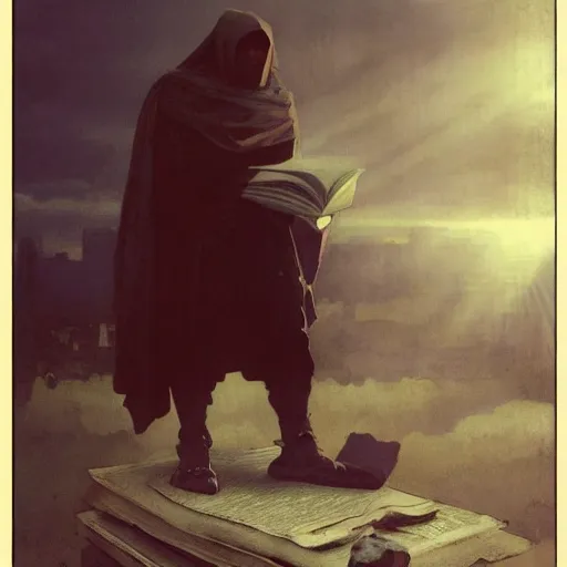 Image similar to half portait of magican wearing a closed cowl and big old book! chained to the wrist, jeremy mann, jean - leon gerome, tiepolo, alphonse mucha, greg rutkowski, face in the shadows, ( ( ruins of ancient rome ) ), at dusk, mysterious atmosphere, sunrays, dof, high detailed, 8 k