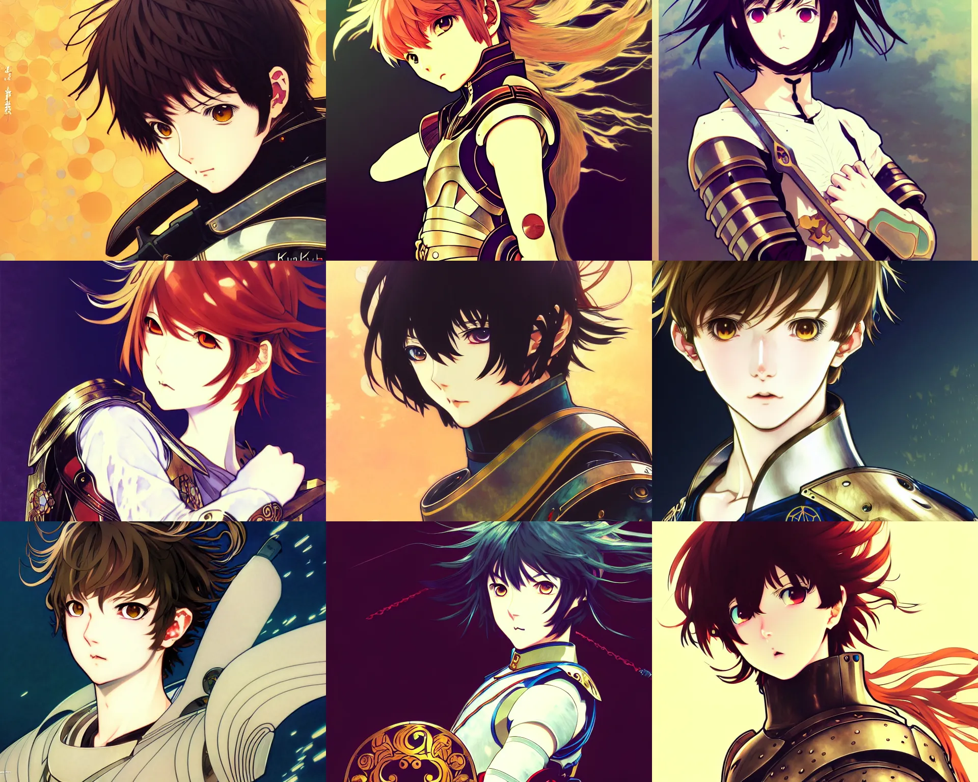 Prompt: anime frames, anime visual, portrait of a young fantasy knight in armor exhausted, cute face by ilya kuvshinov, alphonse mucha, dynamic pose, dynamic perspective, rounded eyes, moody, psycho pass, kyoani, gustav klimt yoh yoshinari