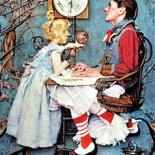 Prompt: alice in wonderland by norman rockwell