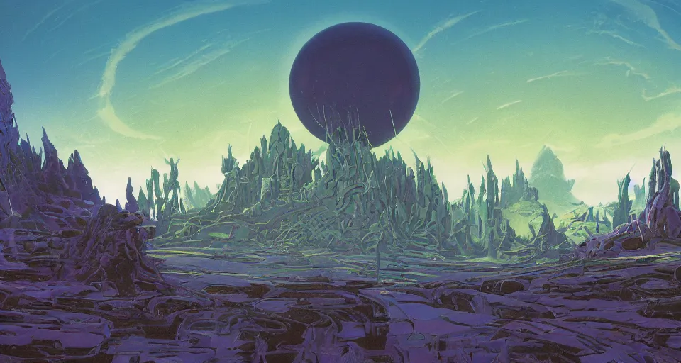 Prompt: a licorice landscape, retro-scifi landcape, moons in the sky, wide-angle shot, angled view, fisheye lens, two point perspective, animation background painting from Thundercats (1985), Masters of the Universe (1983), in the style of Jim Burns, Craig Mullins, clean scan, artstation trending, digital painting, many small details, 8k