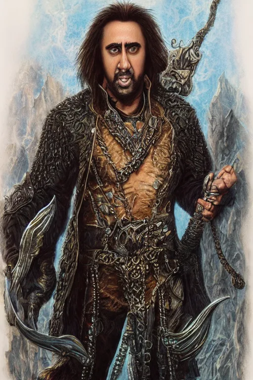 Prompt: portrait of Nicolas Cage as wizard, fantasy, intricate, highly detailed, artstation, illustration by ken kelly
