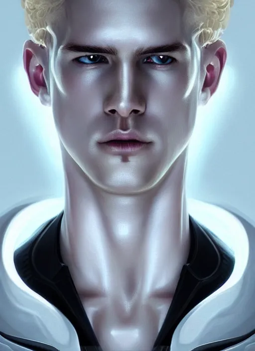 Image similar to symmetry portrait of a pale blond androgynous irish male cyborg with very curly long blond curly hair, clean shaven!!!!, sci - fi, black cybernetic armor, glowing lights intricate, elegant, highly detailed, digital painting, artstation, concept art, smooth, sharp focus, illustration, art by artgerm and greg rutkowski and alphonse mucha