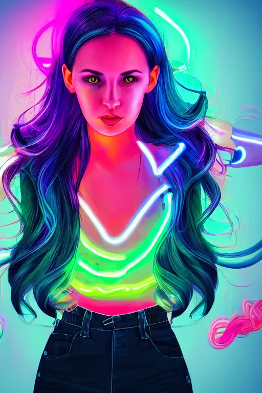 Image similar to a award winning half body portrait of a beautiful woman with stunning eyes in a croptop and cargo pants with rainbow colored ombre hairstyle head in motion and hair flying by thomas danthony, surrounded by whirling illuminated neon lines, outrun, vaporware, shaded flat illustration, digital art, trending on artstation, highly detailed, fine detail, intricate