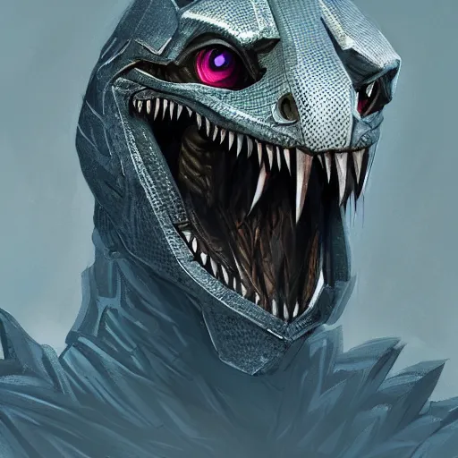 Image similar to portrait of an antropomorphic raptor knight, reptile face, wearing chainmail armor, angry look, ready for battle, mattepainting concept blizzard pixar maya engine on cold night stylized background splash comics global illumination lighting artstation lois van baarle, ilya kuvshinov, rossdraws