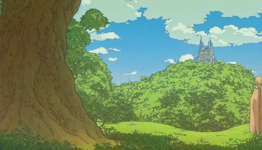 Prompt: a landscape of a single tree with bushes nearby, studio ghibli, castle in the sky, animated, anime, illustrated, vibrant, by mucha, by miyazaki, on artstation