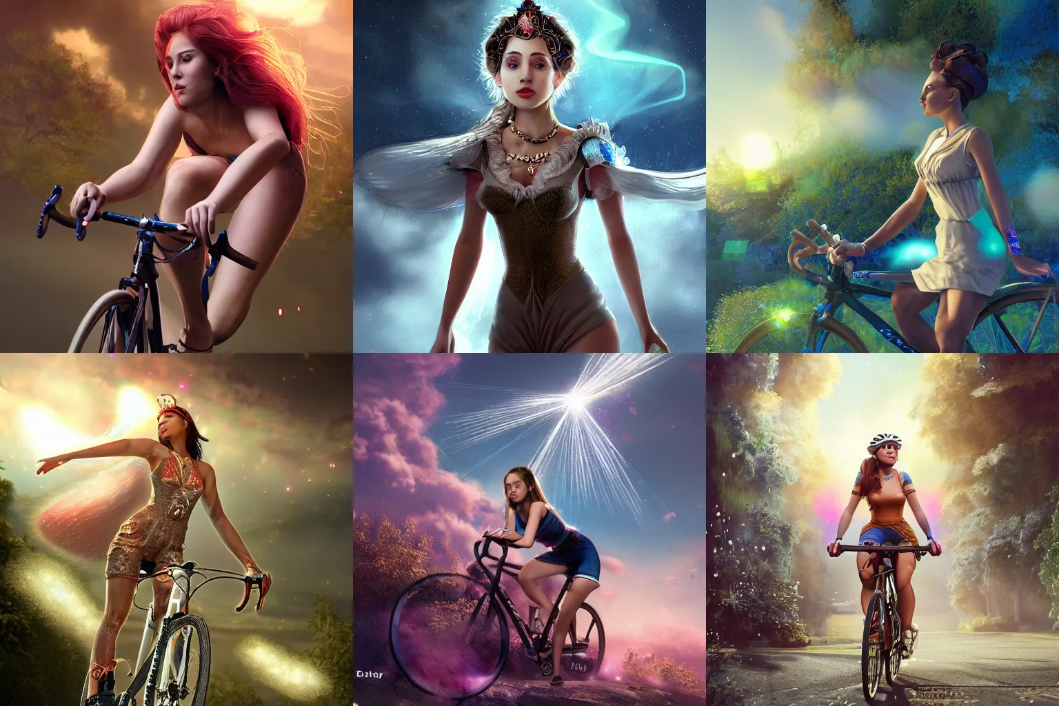 Prompt: a beautiful female goddess of cycling character, character is in all its glory, character is in her natural relaxed pose, rim lights, particles and dust in the air, fancy clouds, highly detailed professional photo, dynamic lights, particles are flying, depth of field, trending on artstation, illustration, hyper realistic, vray caustics, super detailed, colorful accents, cinematic shot