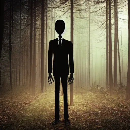 Prompt: slenderman standing in a dark ominous forest, creepy, scary, realistic, photorealistic, found footage, dark, night, ambience, shadows, dim