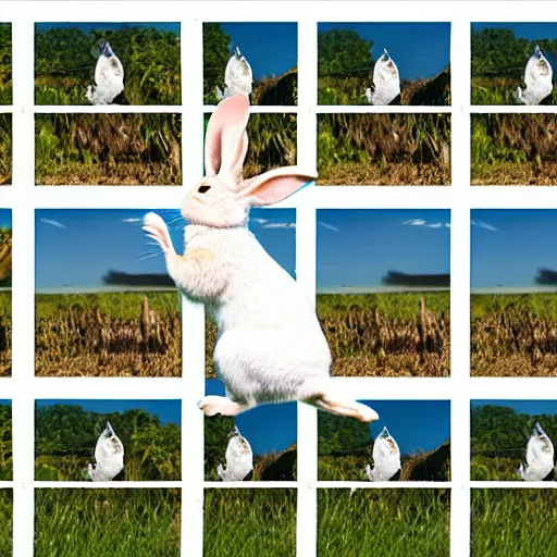 Prompt: a rabbit jumping up over a fence, film strip showing 9 stills in a grid