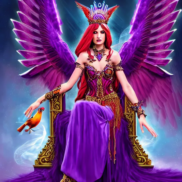 Image similar to Princess sorceress with red flaming bird wings on her back and sitting on an ornate throne dressed in a fancy purple dress, beautiful realistic symmetrical defined face, anatomically correct, Fantasy, Full Portrait, High detail, realistic, planeswalker