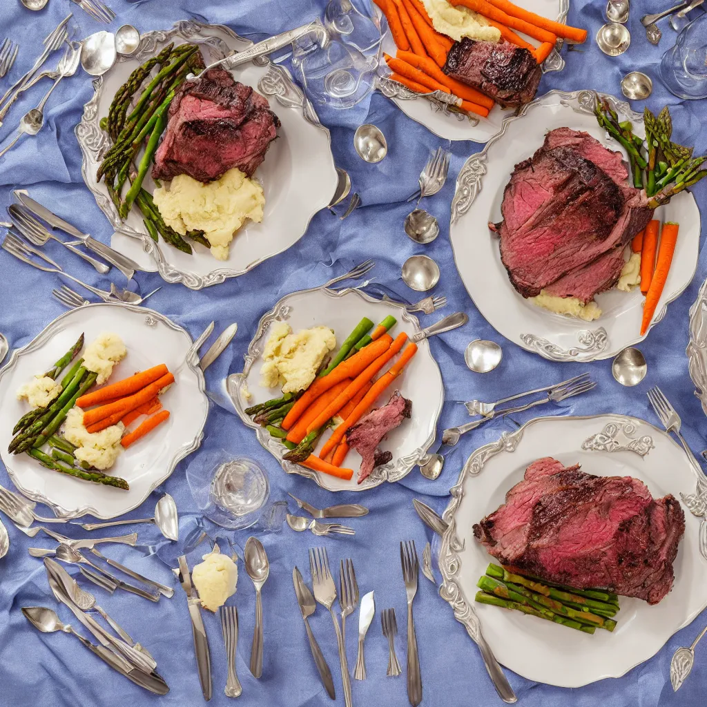 Image similar to product shot of a five - star dinner with prime rib, asparagus, mashed potatoes and gravy, and steamed carrots with blue table cloth and lit candles in ornate silver candlesticks, ultra - realistic, photo realism, professional photograph, extreme detail, deep focus, laser sharp, volumetric lighting, atmospheric, five - star, luxury, elite