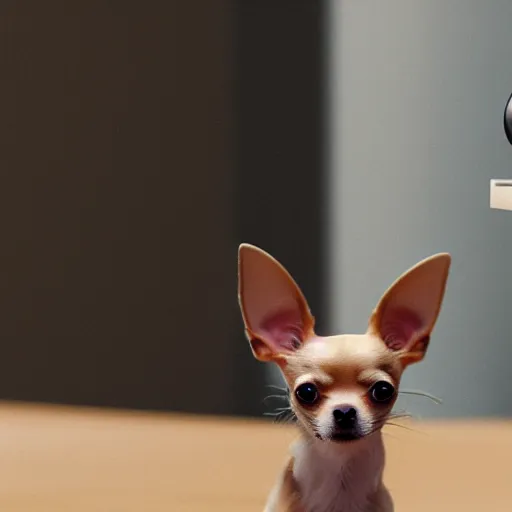 Image similar to chihuahua holding a camera, octane render