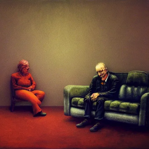 Image similar to highly detailed photo of a very old couple sitting on a couch, psx game graphics , Beksinski painting, part by Adrian Ghenie