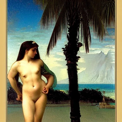 Image similar to Silhouette of two girls at the palace, thunderstorm, greek pool, beach and palm trees on the background major arcana sky, by paul delaroche, alphonse mucha and arnold böcklin arnold böcklin hyperrealistic 8k, very detailed