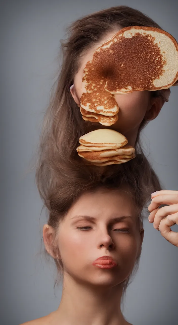 Image similar to a photo of a woman with a pancake on hear head, ultra high detail, 8 k.