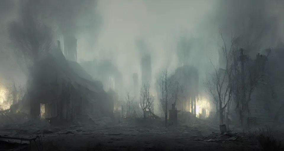 Image similar to book illustration of small burnt out village in smoke. Black wood ruins in fog. Atmospheric beautiful by Eddie mendoza and Craig Mullins. volumetric lights