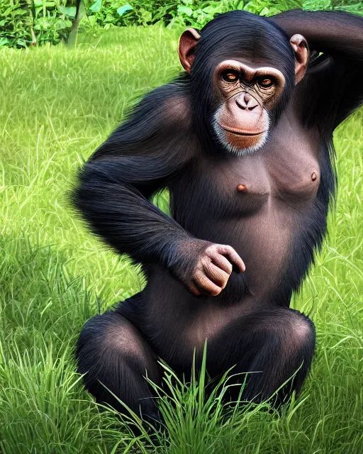 Prompt: very detailed high resolution illustration of a chimpanzee in rolling green hills, 3 d, 8 k, extremely detailed, artstation, award winning