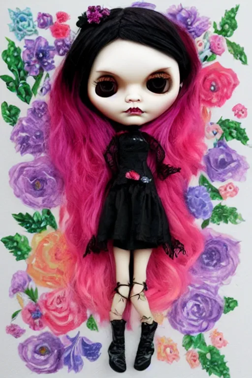 Prompt: gothic blythe doll with flowers painted by jeremiah ketner