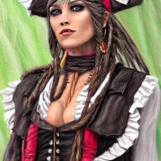 Prompt: detailed full body concept pastel painting of a female pirate in beautifully designed clothing