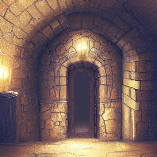 Prompt: hidden door in a secret crypt. undergound, firelight, illustration, concept art