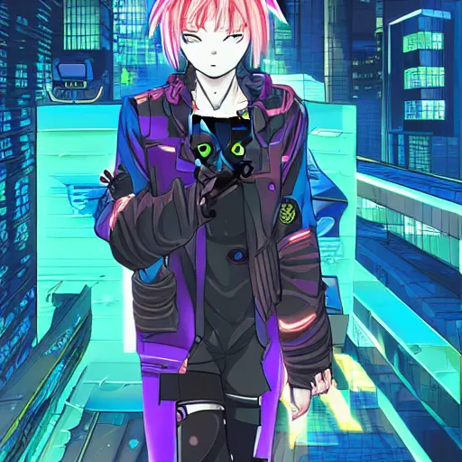 Image similar to a cyberpunk anime cat, 2 d illustration