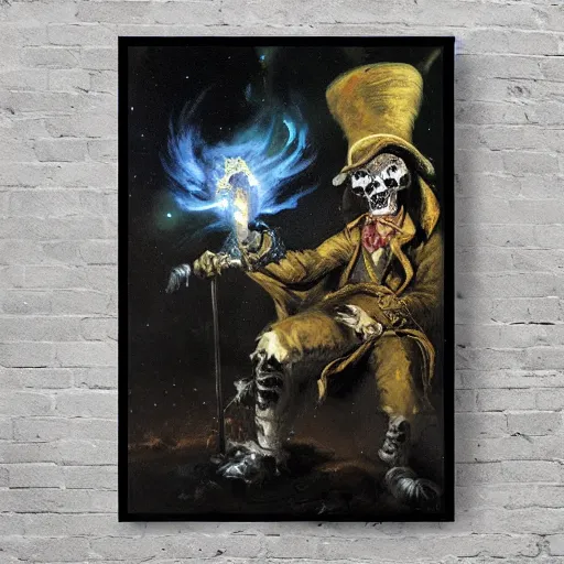 Image similar to grim-hatter, skull cane, voodoo ritual gear, matte painting art from goya and pirner, cursed oil painting, cosmic nebula color tones