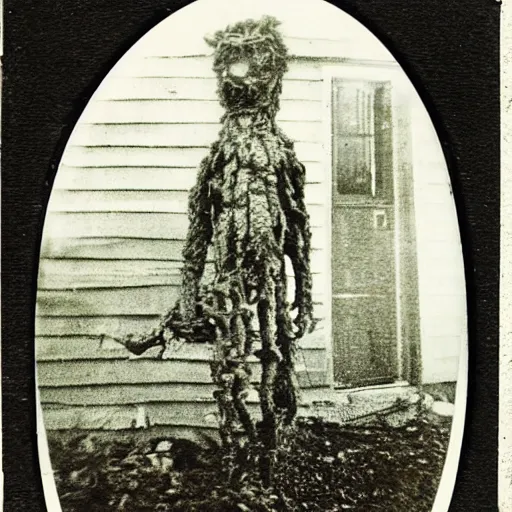 Image similar to A 1900's polaroid photograph of a spindley scary stick monster with bright eyes standing in front of a house