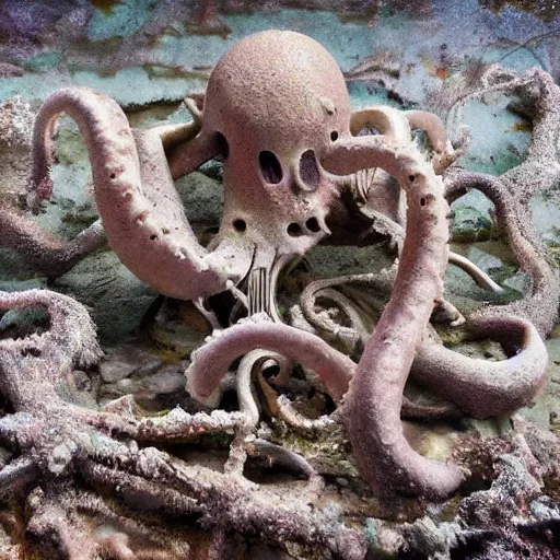 Image similar to an octopus made out of decaying human skeleton, beautiful underwater nature photograph with dynamic lighting and murky water