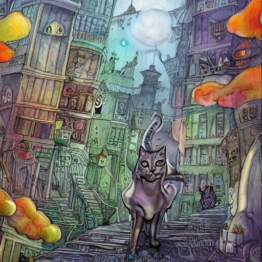 Prompt: ghostly cat strolling through a humongous alien city, watercolour painting, watercolour, colourful, detailed, cinematic