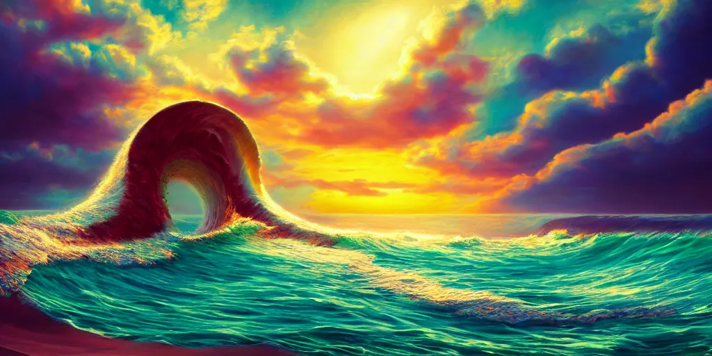 Image similar to A surrealist beach shaped like a singing mouth, the waves are made musical notes, one wave is shaped like the mouths tongue, Very colorful painting 8k trending on art station, Intricate details, very realistic, cinematic lighting, volumetric lighting,