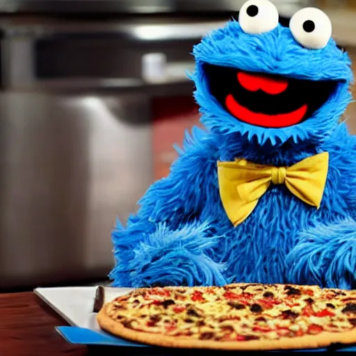 Prompt: Cookie Monster Muppet on Sesame Street eating pizza in secret, happy