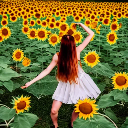 Image similar to aesthetic origami person dancing in a field of sunflowers, macro, high quality