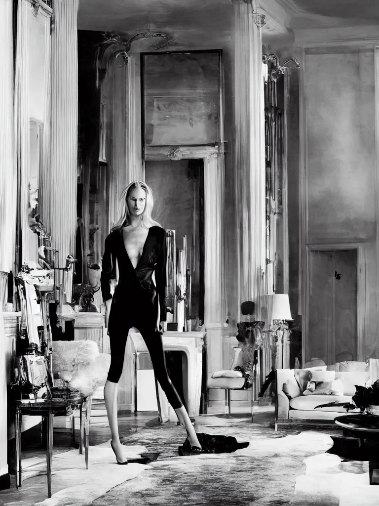 Prompt: photo by annie leibovitz in an elegant home living room interior of female fashion model carolyn murphy with symmetrical features and beautiful, flowing long blonde hair with a disdainful and arrogant expression and wearing a black leather jacket and black leather bra. centre image, clean borders, symmetry ; photorealistic