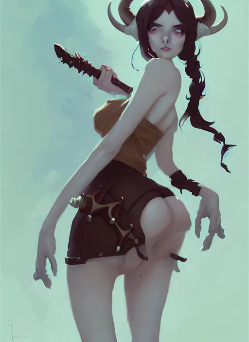 Image similar to portrait of cute succubus girl with horns, warhammer, by atey ghailan, by greg rutkowski, by greg tocchini, by james gilleard, by joe gb fenton, by in kaethe butcher, dynamic lighting, gradient light blue, brown, blonde cream and white color in scheme, grunge aesthetic