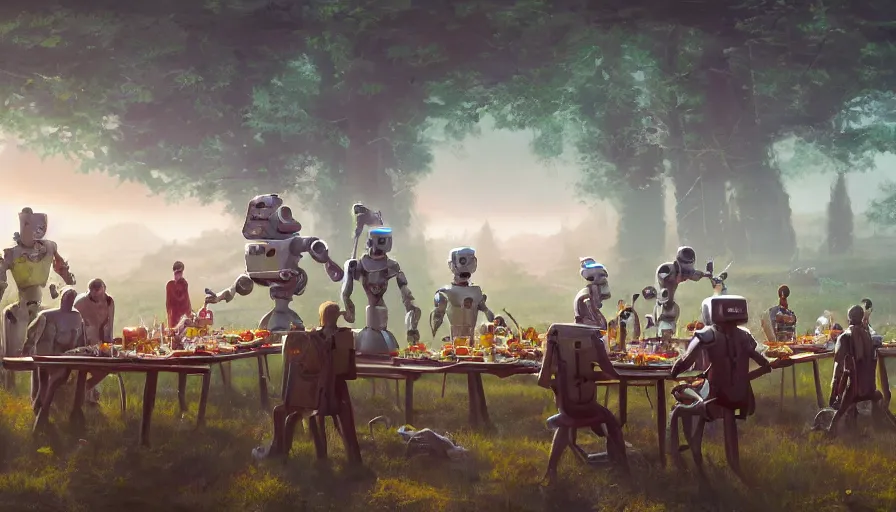 Prompt: a table dinner of robots where robots are dressed like the characters from the midsommar movie, realistic detailed digital art by maxwell boas jessica rossier christian dimitrov anton fadeev trending on artstation cgsociety rendered in unreal engine 4 k hq