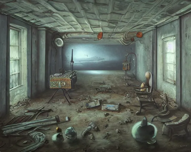 Image similar to a painting of a confusing room filled with unusual artifacts, an airbrush painting by breyten breytenbach, cgsociety!, neo - primitivism, dystopian art,! apocalypse landscape!!