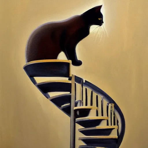 Prompt: a cat on a spiral staircase, close up cat, expressive oil painting, trending on artstation