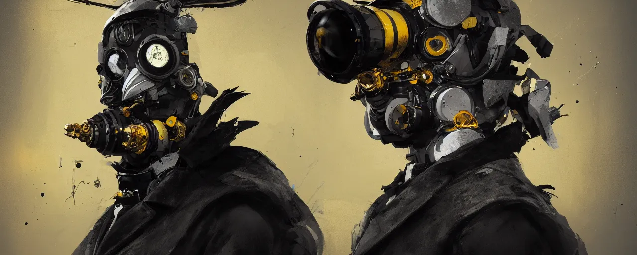 Image similar to duotone yelow black white concept illustration of 3 / 4 portrait of penguin with penguin beak as steampunk cyborg. cinematic volumetric lighting. golden ratio accidental renaissance. by sachin teng and sergey kolesov and ruan jia and heng z. graffiti art, scifi, fantasy, hyper detailed. octane render. concept art. trending on artstation