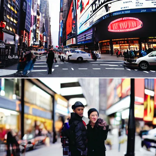 Prompt: <photo hd dslr location='New York City'>Two people in front of a store</photo>