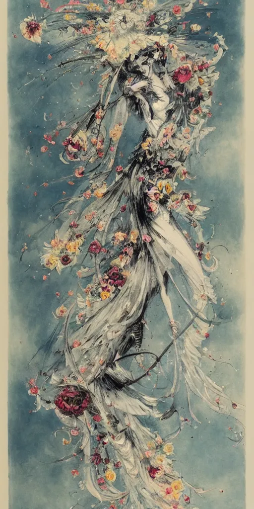 Prompt: Louis Icart, a beautiful painting of an abstract robot tornado made entirely out of flowers, highly detailed, swirling, flowing, dancing, dreaming, bursting with positive energy, happy, creative, masterpiece