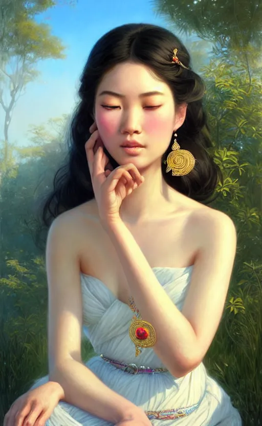 Image similar to a beautiful young charming asian goddess with sundress and jewelry | | winter, realistic shaded, unpleasant face, good looking, fine details, dior, lv, realistic shaded lighting poster by greg rutkowski, macoto takahashi, magali villeneuve, artgerm, jeremy lipkin and michael garmash