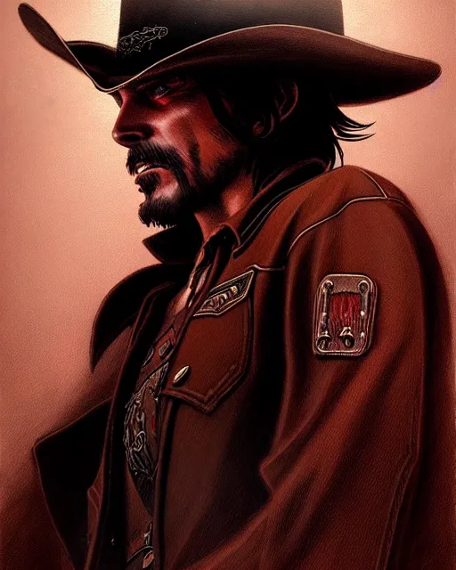 Image similar to mccree from overwatch, character portrait, portrait, close up, concept art, intricate details, highly detailed, horror poster, horror, vintage horror art, realistic, terrifying, in the style of michael whelan, beksinski, and gustave dore