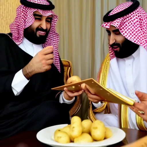 Image similar to mohammed bin salman playing a game live on twitch and eating a potato